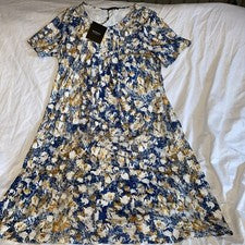 Just Fashion Now Mujer Multicolor Azul, Dorado Manga 3/4 Boho Vestido Talla LG NUEVO CON ETIQUETAS