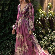 Primavera Nuevo Vestido Para Mujer Moda Retro Color Sólido Estampado Cuello en V Mangas Largas