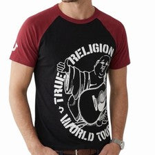 $79 TRUE RELIGION Negro Rojo PARTE BUDDHA Camiseta Raglán Diseñador Manga Corta Nueva con Etiquetas