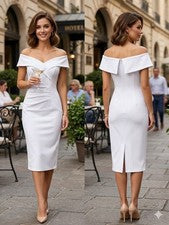 Nuevo Vestido Jasambac Blanco Acanalado Hombro Descubierto Midi Bodycon Elegante Mujer S