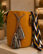 Bolso Bandolera Artesanal Hecho a Mano Colombiano Wayuu Mochila Marrón Mostaza Tejido 95