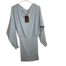 Moda Vestido Nova Para Mujer XS Azul Suéter Tejido Perla Capucha Sólido Corto Nuevo con Etiquetas