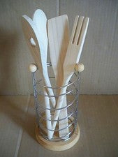 Juego de utensilios de cocina 5 piezas incl. soporte madera cromada natural + metal