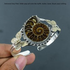 Oferta de Navidad Amonita Fósil Piedras Preciosas Bisel Brazalete Joyería Plata de Ley 925
