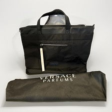 Bolso de Mano Versace Perfumes Grande Sobre el Hombro Negro Nylon Cuero Borde Logo