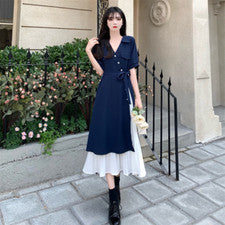 Damen Kurzärmlig Chiffon Hemd Plissiertes Kleid Patchwork mit Gürtel V Hals Mode