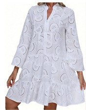 Vestido suelto de manga larga con ribete de encaje hueco informal de moda para mujer
