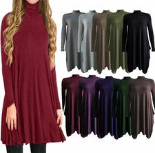 Damas Cuello Alto Polo Cuello Tortuga Manga Larga Columpio Acampanado Hanky Patinador Vestido