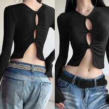 Hollow Out Casual Tops para Mujer Manga Larga Delantera Trasera Camiseta Moda