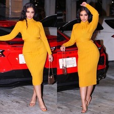 Sexy Vestido Midi Para Mujer Cuello Simulado Mangas Largas Tejido Costilla Mostaza