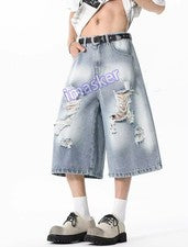 Moda Para hombres Verano Denim Pantalones Cortos Agujeros Rasgados Informales Retro Jean Shorts
