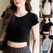 Elegante verano sólido para Slim Fit manga corta camiseta para mujer Crop Top moda