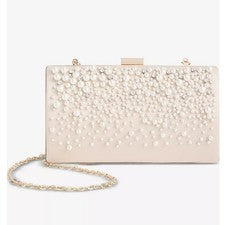 INC Ranndi imitación perla satinado mujer clutch minaudiere - Champagne/Plata