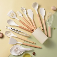 12 Piezas Utensilios de Cocina de Silicona con Asas de Madera para Utensilios de Cocina Antiadherentes