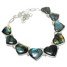 Collar de piedras preciosas en forma de corazón de labradorita de fuego azul joyería hecha a mano 18" PT 4210