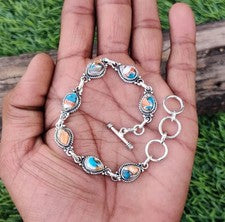 Pulsera ajustable de piedras preciosas turquesa cobre ostra plata de ley 925 MO**