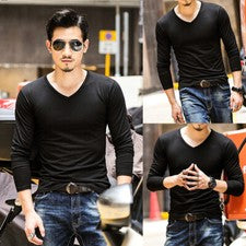 Para hombres Moda Entrenamiento Cuello en V Manga Larga Informal Top Músculo Calce Ajustado Camiseta Camiseta