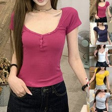 Moda Mujer Estrecha Manga Corta Cuello en V Monocromática Camiseta Top