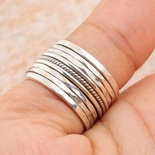 Conjunto de nueve anillos de regalo apilables de plata de ley 925 maciza hechos a mano todos los tamaños