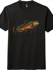 Camiseta de manga corta de pesca de algodón unisex con gráfico de trucha de arroyo con pintura por goteo