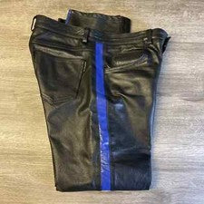Pantalones negros estilo motociclista para hombre correas azules cuero genuino cuero de vaca real calce ajustado