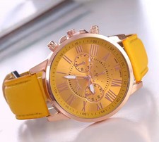 Reloj de pulsera de cuarzo redondo con correa de cuero para dama y mujer... oro amarillo y rosa