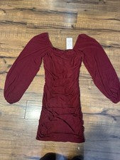 Moda Para Mujer Borgoña Sólido Cuello Cuadrado Acanalado Manga Abullonada Mini Vestido M