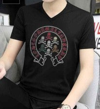 Nueva Camiseta Negra Calavera Gótica Estrás Cuello en V de Lujo para Hombres Alta Calidad