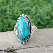 Anillo de plata de ley 925 hecho a mano para mujer con piedra turquesa con forma ovalada