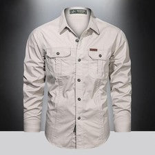 Camisas occidentales de manga larga de algodón con botones estilo militar para hombre
