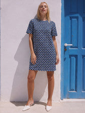 NUEVO SIN ETIQUETAS Vestido Zara Azul Negro Marfil Estampado Geométrico Largo Corto Espalda Cremallera Cambio Pequeño