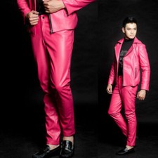 Elegante Pantalón de Cuero Rosa Para Hombre Piel de Cordero Real Jeans Único Nuevo Motociclista Informal
