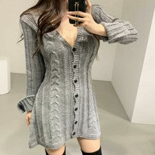 Mujeres Cuello en V Mangas Largas Tejido Suéter Vestido Moda Coreana Mini Falda Prendas para el torso