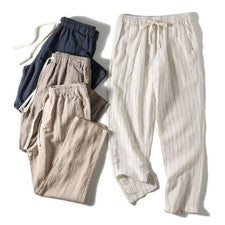 Moda Para Hombres Pantalones Harén Japonés Lino Cónico Rayas Aflojados De Colección