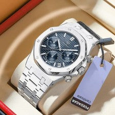 Orologio Uomo Lusso Oak Cronografo Acciaio Argento Quadrante Blu