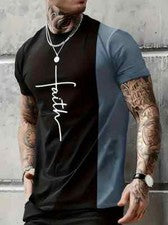 Camiseta Hombre Negra Azul Fe Cruz Bloques de Color Manga Corta Moda Camiseta de Secado Rápido