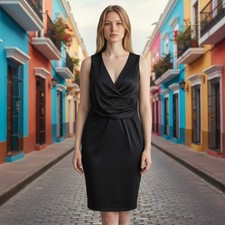 Vestido para mujer Mystic mediano sin mangas ajustado y acampanado negro drapeado cuello en V NUEVO