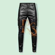 Pantalón de cuero de piel de cordero real negro para hombre - estilo motociclista con bolsillos ocultos