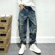 Pantalones de mezclilla sueltos rectos clásicos para hombre desgastados monos informales de moda