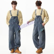 Moda Para Hombres Mono de mezclilla Jeans Pantalones con tirantes Informales Pantalones cargo Retro