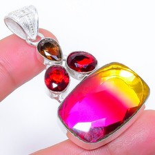 Turmalina bicolor, granate piedras preciosas 925 colgante de joyería de plata...