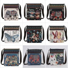 Bolso de hombro de lona mensajero de dibujos animados Miss estilo étnico bordado para mujer