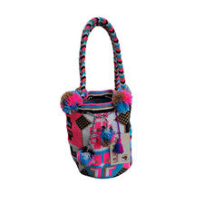 Bolso Wayuu Grande Hecho a Mano COLOMBIANO Brillante Pom Pom Boho Mochila Estilo Tribal