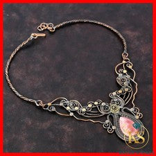 Collar de flores envuelto en alambre cadena de piedras preciosas de rodocrosita de pera de cobre joyería
