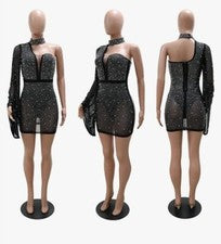 Moda Para Mujer Malla Retazos Una Manga Estrás Vestido Asimétrico Fiesta