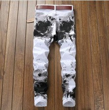 Pantalones de mezclilla cómodos estampados informales de pierna recta blancos negros de moda para hombre