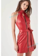Mujeres Vestido de Cuero Rubí Cremallera Completa Elegante Moda Calce Ajustado Fiesta Conjunto Ropa