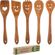 Juego 5 cucharas madera cerezo utensilios naturales cocina divertidos multifuncion