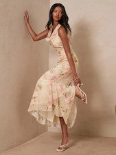 Elegante Vestido Floral Fluido Color Crema para Mujer