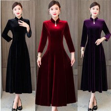 Vestido Cheongsam de terciopelo de mujer manga larga cuello alto línea A swing elegante étnico